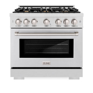 ZLINE 36 in. 5.2 cu. ft. Select Gas Range with Convection Gas Oven in Satin Stainless Steel with 6 Brass Burners (HGRS-BR-36) front, oven closed.