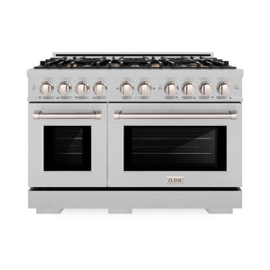 ZLINE 48 in. 6.7 cu. ft. Select Double Oven Gas Range in Satin Stainless Steel with 8 Brass Burners (HGRS-BR-48) front.