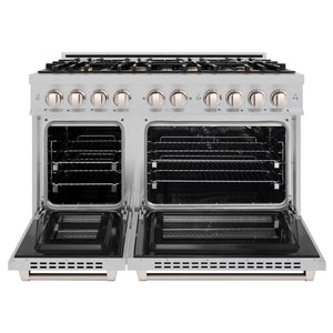 ZLINE 48 in. 6.7 cu. ft. Select Double Oven Gas Range in Satin Stainless Steel with 8 Brass Burners (HGRS-BR-48) front, oven open.