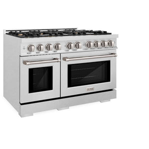 ZLINE 48 in. 6.7 cu. ft. Select Double Oven Gas Range in Satin Stainless Steel with 8 Brass Burners (HGRS-BR-48) side, oven closed.