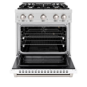 ZLINE 30 in. 4.2 cu. ft. Select Gas Range with 4 Burner Cooktop and Convection Gas Oven in Satin Stainless Steel with White Matte Door (HGRS-WM-30) front, oven open.