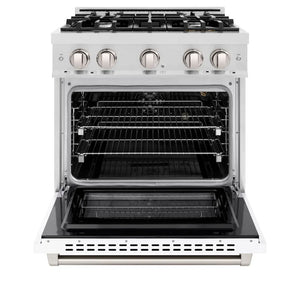 ZLINE 30 in. 4.2 cu. ft. Select Gas Range with 4 Burner Cooktop and Convection Gas Oven in Satin Stainless Steel with White Matte Door (HGRS-WM-30) front, oven open.