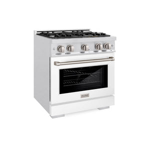 ZLINE 30 in. 4.2 cu. ft. Select Gas Range with 4 Burner Cooktop and Convection Gas Oven in Satin Stainless Steel with White Matte Door (HGRS-WM-30) side.