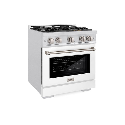 ZLINE 30 in. 4.2 cu. ft. Select Gas Range with 4 Burner Cooktop and Convection Gas Oven in Satin Stainless Steel with White Matte Door (HGRS-WM-30) side.