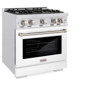 ZLINE 30 in. 4.2 cu. ft. Select Gas Range with 4 Burner Cooktop and Convection Gas Oven in Satin Stainless Steel with White Matte Door (HGRS-WM-30) side, oven closed.