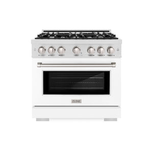ZLINE 36 in. 5.2 cu. ft. Select Gas Range with 6 Burner Cooktop and Convection Gas Oven in Satin Stainless Steel with White Matte Door (HGRS-WM-36) front.