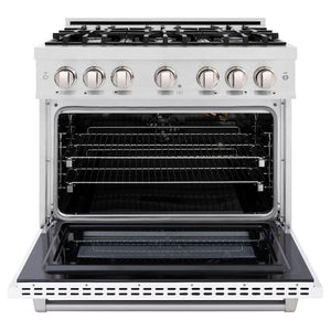 ZLINE 36 in. 5.2 cu. ft. Select Gas Range with 6 Burner Cooktop and Convection Gas Oven in Satin Stainless Steel with White Matte Door (HGRS-WM-36) front, oven open.