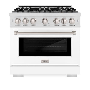 ZLINE 36 in. 5.2 cu. ft. Select Gas Range with 6 Burner Cooktop and Convection Gas Oven in Satin Stainless Steel with White Matte Door (HGRS-WM-36) front, oven closed.