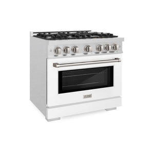 ZLINE 36 in. 5.2 cu. ft. Select Gas Range with 6 Burner Cooktop and Convection Gas Oven in Satin Stainless Steel with White Matte Door (HGRS-WM-36) side.