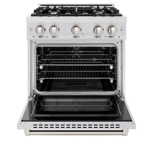 ZLINE 30 in. 4.2 cu. ft. Select Gas Range with 4 Burner Cooktop and Convection Gas Oven in Satin Stainless Steel (HGRS-30) front, oven open.