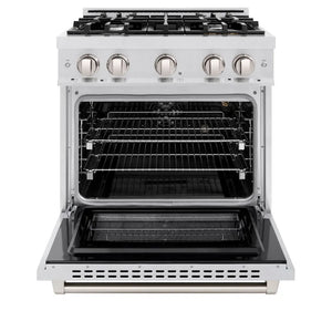 ZLINE 30 in. 4.2 cu. ft. Select Gas Range with 4 Burner Cooktop and Convection Gas Oven in Satin Stainless Steel (HGRS-30) front, oven open.