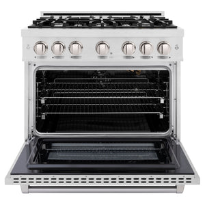 ZLINE 36 in. 5.2 cu. ft. Select Gas Range with 6 Burner Cooktop and Convection Gas Oven in Satin Stainless Steel (HGRS-36) front, oven open.