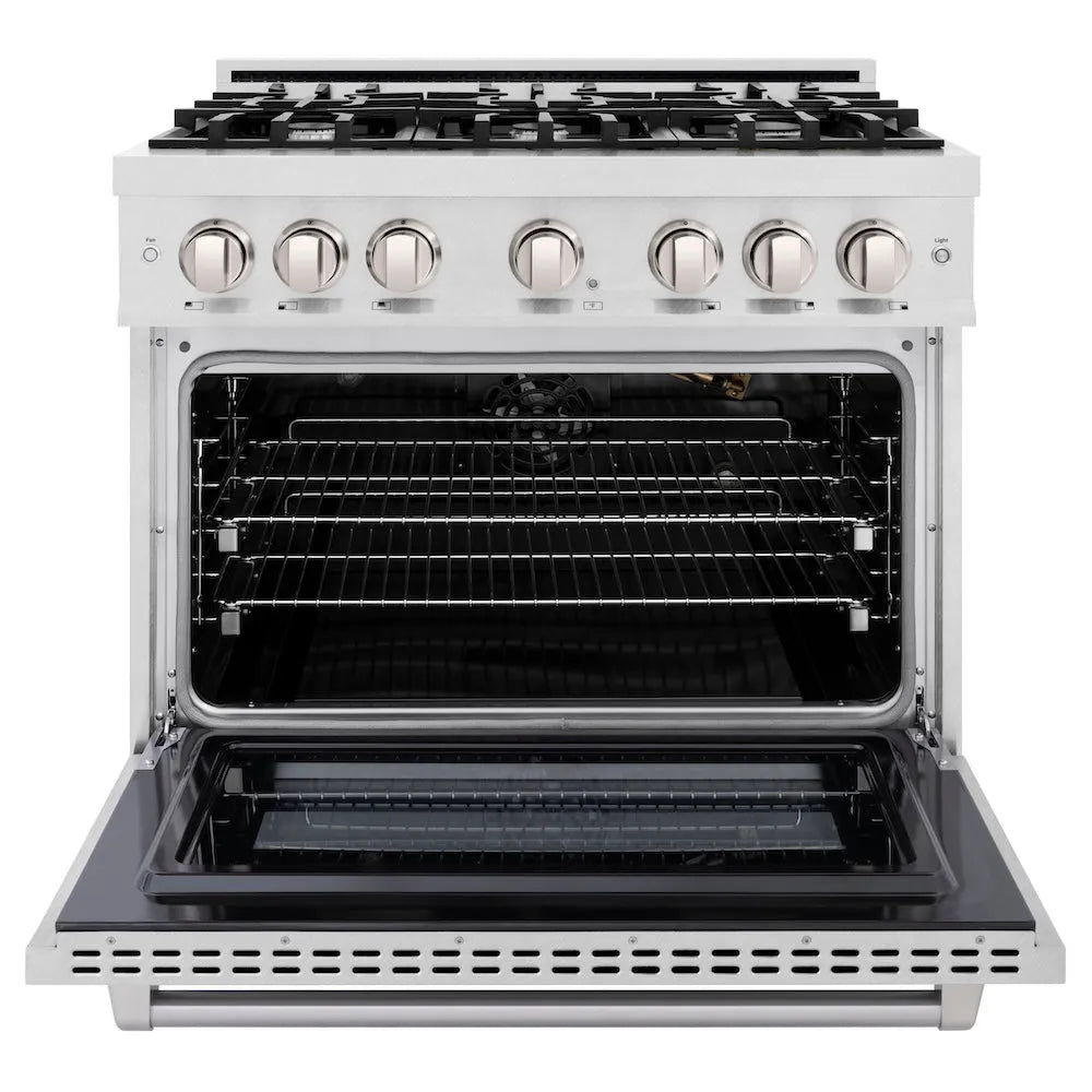 ZLINE 36 in. 5.2 cu. ft. Select Gas Range with 6 Burner Cooktop and Convection Gas Oven in Satin Stainless Steel (HGRS-36) front, oven open.