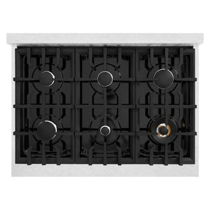 ZLINE 36 in. 5.2 cu. ft. Select Gas Range with 6 Burner Cooktop and Convection Gas Oven in Satin Stainless Steel (HGRS-36) top-down, above cooktop.