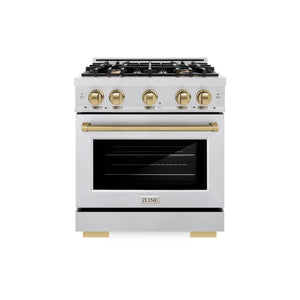 ZLINE Autograph Edition 30 in. 4.2 cu. ft. Select Gas Range with 4 Burner Cooktop and Convection Gas Oven in Satin Stainless Steel and Champagne Bronze Accents (HGRSZ-30-CB) front.