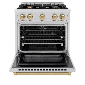 ZLINE Autograph Edition 30 in. 4.2 cu. ft. Select Gas Range with 4 Burner Cooktop and Convection Gas Oven in Satin Stainless Steel and Champagne Bronze Accents (HGRSZ-30-CB) front, oven open.