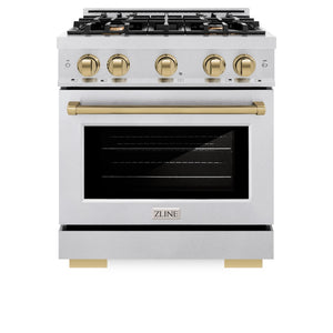 ZLINE Autograph Edition 30 in. 4.2 cu. ft. Select Gas Range with 4 Burner Cooktop and Convection Gas Oven in Satin Stainless Steel and Champagne Bronze Accents (HGRSZ-30-CB) front, oven closed.