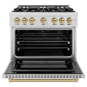 ZLINE Autograph Edition 36 in. 5.2 cu. ft. Select Gas Range with 6 Burner Cooktop and Convection Gas Oven in Satin Stainless Steel and Champagne Bronze Accents (HGRSZ-36-CB) front, oven open.