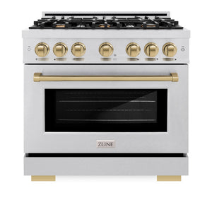 ZLINE Autograph Edition 36 in. 5.2 cu. ft. Select Gas Range with 6 Burner Cooktop and Convection Gas Oven in Satin Stainless Steel and Champagne Bronze Accents (HGRSZ-36-CB) front, oven closed.
