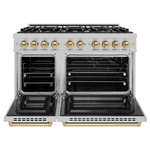 ZLINE Autograph Edition 48 in. 6.7 cu. ft. Select Double Oven Gas Range with 8 Burner Cooktop in Satin Stainless Steel and Champagne Bronze Accents (HGRSZ-48-CB) front, oven open.