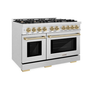 ZLINE Autograph Edition 48 in. 6.7 cu. ft. Select Double Oven Gas Range with 8 Burner Cooktop in Satin Stainless Steel and Champagne Bronze Accents (HGRSZ-48-CB) side.