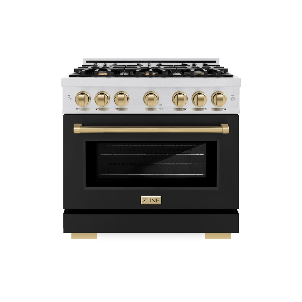 ZLINE Autograph Edition 36 in. 5.2 cu. ft. Select Gas Range with 6 Burner Cooktop and Convection Gas Oven in Satin Stainless Steel with Black Matte Door and Champagne Bronze Accents (HGRSZ-BLM-36-CB) front.