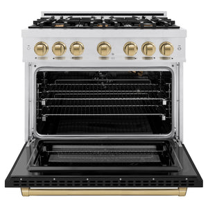 ZLINE Autograph Edition 36 in. 5.2 cu. ft. Select Gas Range with 6 Burner Cooktop and Convection Gas Oven in Satin Stainless Steel with Black Matte Door and Champagne Bronze Accents (HGRSZ-BLM-36-CB) front, oven open.