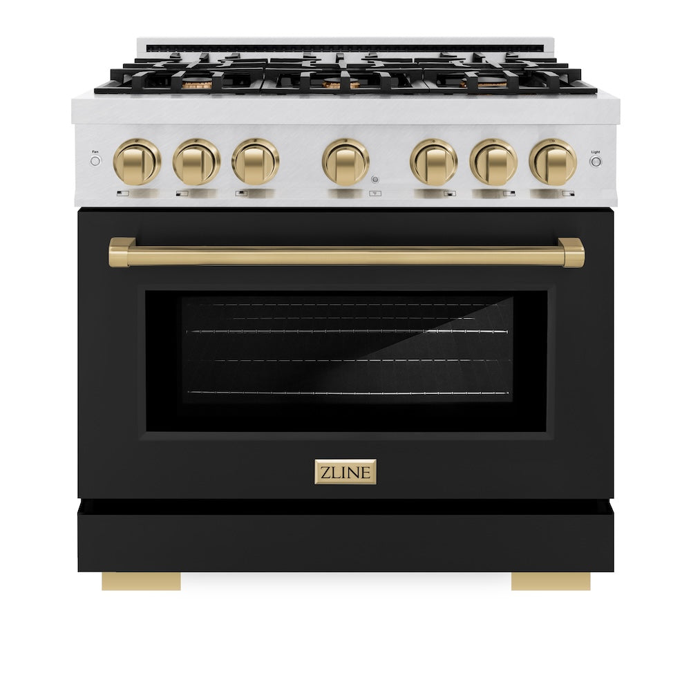 ZLINE Autograph Edition 36 in. 5.2 cu. ft. Select Gas Range with 6 Burner Cooktop and Convection Gas Oven in Satin Stainless Steel with Black Matte Door and Champagne Bronze Accents (HGRSZ-BLM-36-CB) front, oven closed.