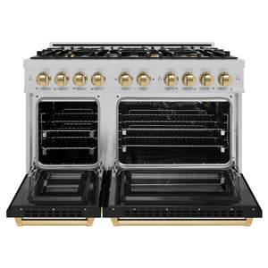 ZLINE Autograph Edition 48 in. 6.7 cu. ft. Select Double Oven Gas Range with 8 Burner Cooktop in Satin Stainless Steel with Black Matte Doors and Champagne Bronze Accents (HGRSZ-BLM-48-CB) front, oven open.