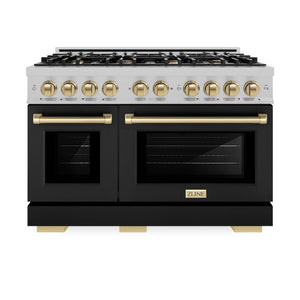ZLINE Autograph Edition 48 in. 6.7 cu. ft. Select Double Oven Gas Range with 8 Burner Cooktop in Satin Stainless Steel with Black Matte Doors and Champagne Bronze Accents (HGRSZ-BLM-48-CB) front, oven closed.