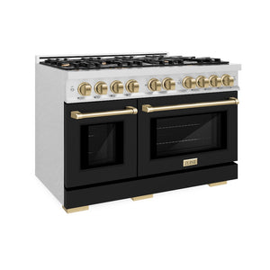 ZLINE Autograph Edition 48 in. 6.7 cu. ft. Select Double Oven Gas Range with 8 Burner Cooktop in Satin Stainless Steel with Black Matte Doors and Champagne Bronze Accents (HGRSZ-BLM-48-CB) side.