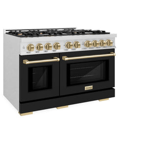 ZLINE Autograph Edition 48 in. 6.7 cu. ft. Select Double Oven Gas Range with 8 Burner Cooktop in Satin Stainless Steel with Black Matte Doors and Champagne Bronze Accents (HGRSZ-BLM-48-CB) side, oven closed.