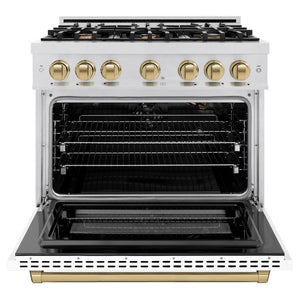 ZLINE Autograph Edition 36 in. 5.2 cu. ft. Select Gas Range with 6 Burner Cooktop and Convection Gas Oven in Satin Stainless Steel with White Matte Door and Champagne Bronze Accents (HGRSZ-WM-36-CB) front, oven open.
