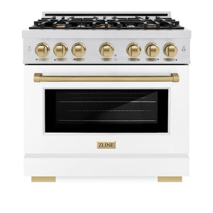 ZLINE Autograph Edition 36 in. 5.2 cu. ft. Select Gas Range with 6 Burner Cooktop and Convection Gas Oven in Satin Stainless Steel with White Matte Door and Champagne Bronze Accents (HGRSZ-WM-36-CB) front, oven closed.