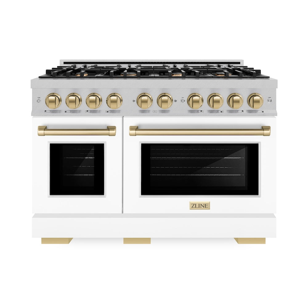 ZLINE Autograph Edition 48 in. 6.7 cu. ft. Select Double Oven Gas Range with 8 Burner Cooktop in Satin Stainless Steel with White Matte Doors and Champagne Bronze Accents (HGRSZ-WM-48-CB) front.