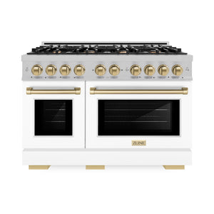 ZLINE Autograph Edition 48 in. 6.7 cu. ft. Select Double Oven Gas Range with 8 Burner Cooktop in Satin Stainless Steel with White Matte Doors and Champagne Bronze Accents (HGRSZ-WM-48-CB) front.