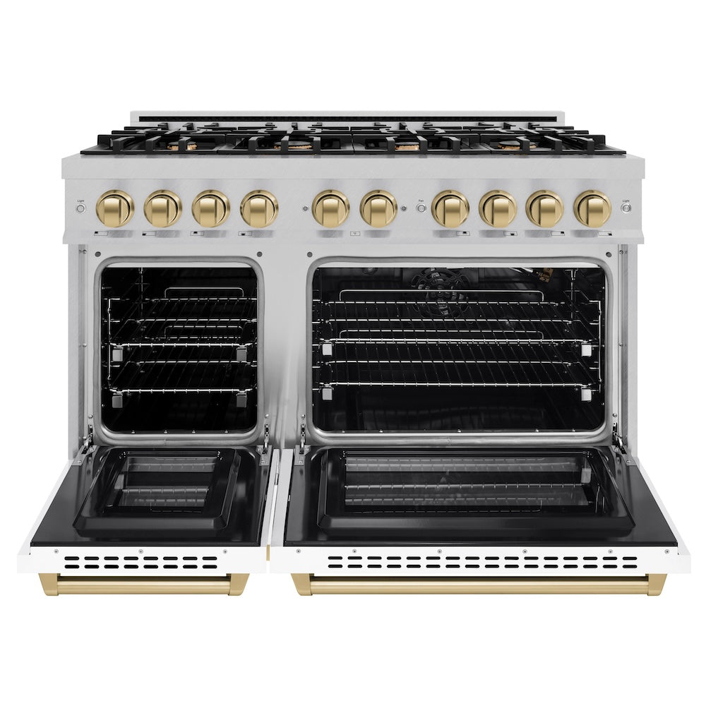ZLINE Autograph Edition 48 in. 6.7 cu. ft. Select Double Oven Gas Range with 8 Burner Cooktop in Satin Stainless Steel with White Matte Doors and Champagne Bronze Accents (HGRSZ-WM-48-CB) front, oven open.
