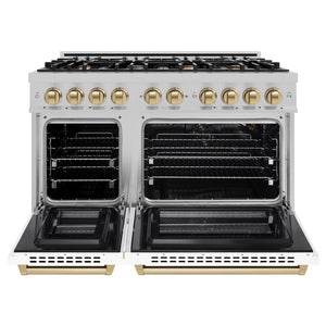 ZLINE Autograph Edition 48 in. 6.7 cu. ft. Select Double Oven Gas Range with 8 Burner Cooktop in Satin Stainless Steel with White Matte Doors and Champagne Bronze Accents (HGRSZ-WM-48-CB) front, oven open.