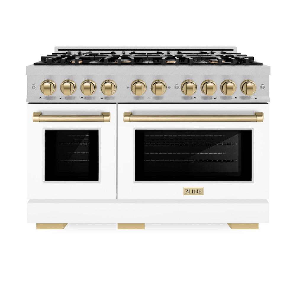 ZLINE Autograph Edition 48 in. 6.7 cu. ft. Select Double Oven Gas Range with 8 Burner Cooktop in Satin Stainless Steel with White Matte Doors and Champagne Bronze Accents (HGRSZ-WM-48-CB) front, oven closed.