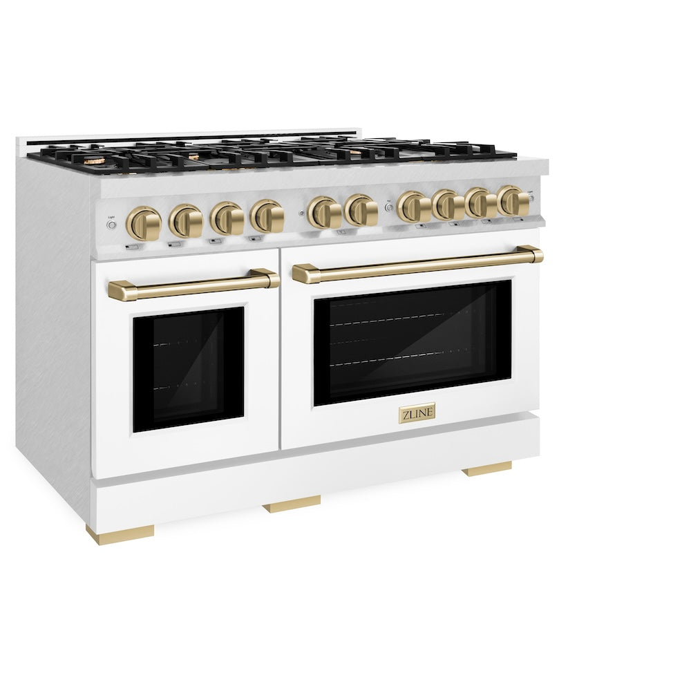 ZLINE Autograph Edition 48 in. 6.7 cu. ft. Select Double Oven Gas Range with 8 Burner Cooktop in Satin Stainless Steel with White Matte Doors and Champagne Bronze Accents (HGRSZ-WM-48-CB) side, oven closed.