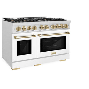 ZLINE Autograph Edition 48 in. 6.7 cu. ft. Select Double Oven Gas Range with 8 Burner Cooktop in Satin Stainless Steel with White Matte Doors and Champagne Bronze Accents (HGRSZ-WM-48-CB) side, oven closed.