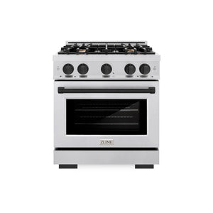 ZLINE Autograph Edition 30 in. 4.2 cu. ft. Select Gas Range with 4 Burner Cooktop and Convection Gas Oven in Satin Stainless Steel and Matte Black Accents (HGRSZ-30-MB) front.