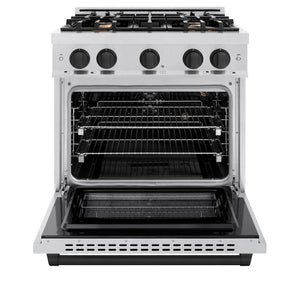 ZLINE Autograph Edition 30 in. 4.2 cu. ft. Select Gas Range with 4 Burner Cooktop and Convection Gas Oven in Satin Stainless Steel and Matte Black Accents (HGRSZ-30-MB) front, oven open.