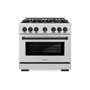 ZLINE Autograph Edition 36 in. 5.2 cu. ft. Select Gas Range with 6 Burner Cooktop and Convection Gas Oven in Satin Stainless Steel and Matte Black Accents (HGRSZ-36-MB) front.