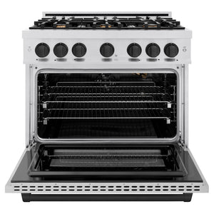 ZLINE Autograph Edition 36 in. 5.2 cu. ft. Select Gas Range with 6 Burner Cooktop and Convection Gas Oven in Satin Stainless Steel and Matte Black Accents (HGRSZ-36-MB) front, oven open.