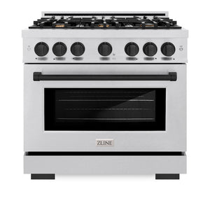 ZLINE Autograph Edition 36 in. 5.2 cu. ft. Select Gas Range with 6 Burner Cooktop and Convection Gas Oven in Satin Stainless Steel and Matte Black Accents (HGRSZ-36-MB) front, oven closed.