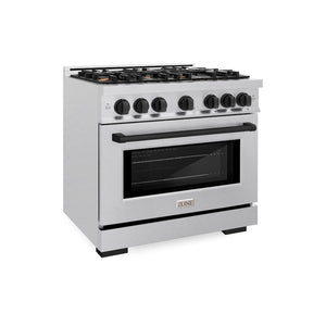 ZLINE Autograph Edition 36 in. 5.2 cu. ft. Select Gas Range with 6 Burner Cooktop and Convection Gas Oven in Satin Stainless Steel and Matte Black Accents (HGRSZ-36-MB) side.
