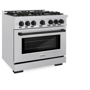 ZLINE Autograph Edition 36 in. 5.2 cu. ft. Select Gas Range with 6 Burner Cooktop and Convection Gas Oven in Satin Stainless Steel and Matte Black Accents (HGRSZ-36-MB) side, oven closed.