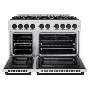 ZLINE Autograph Edition 48 in. 6.7 cu. ft. Select Double Oven Gas Range with 8 Burner Cooktop in Satin Stainless Steel and Matte Black Accents (HGRSZ-48-MB) front, oven open.