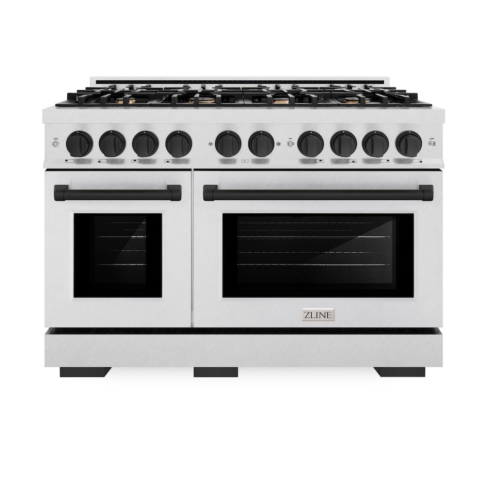 ZLINE Autograph Edition 48 in. 6.7 cu. ft. Select Double Oven Gas Range with 8 Burner Cooktop in Satin Stainless Steel and Matte Black Accents (HGRSZ-48-MB) front, oven closed.